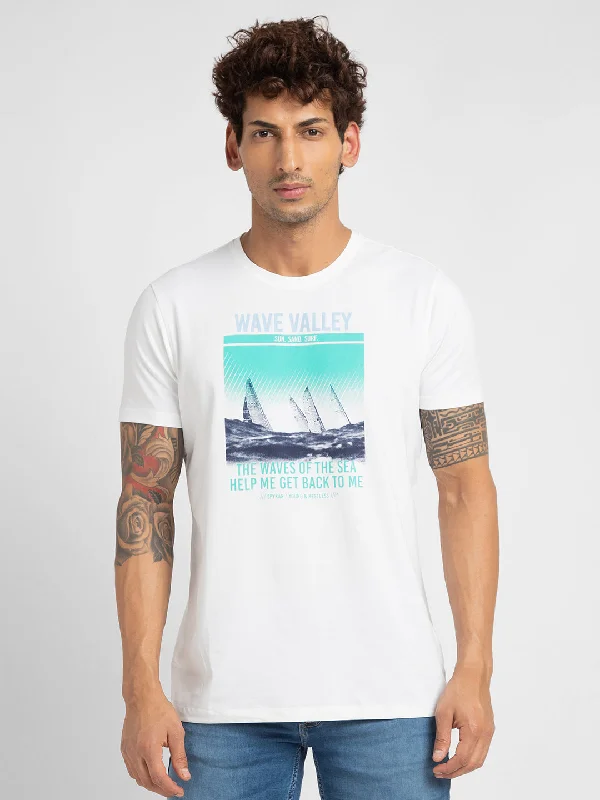 Stock Up Spykar Men White Blended Slim Fit Printed Round Neck T-Shirt