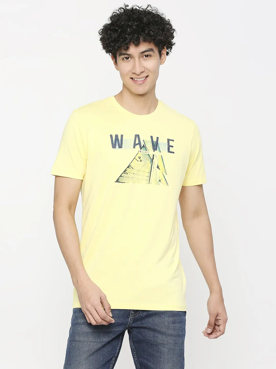 Cash Savings Spykar Men Powder Yellow Cotton Slim Fit Round Neck Printed T-Shirt