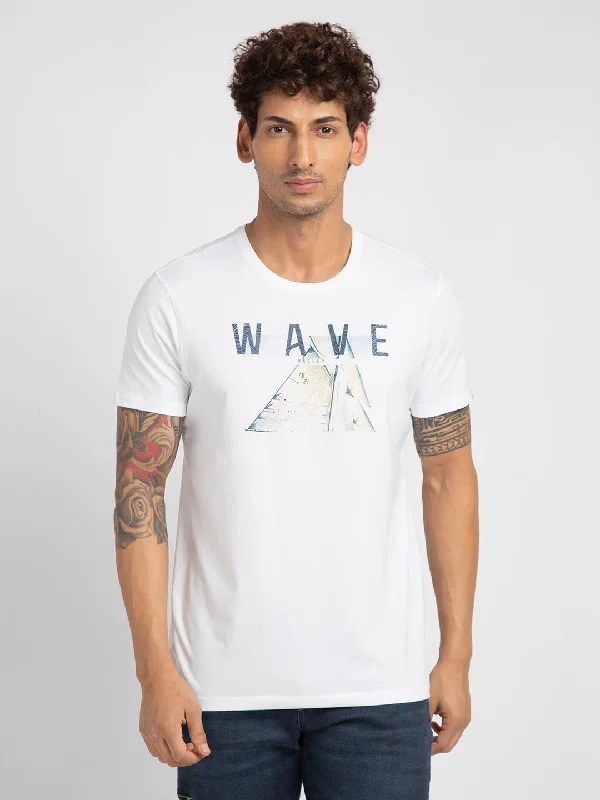 Special Buy Spykar Men White Cotton Slim Fit Printed Round Neck T-Shirt