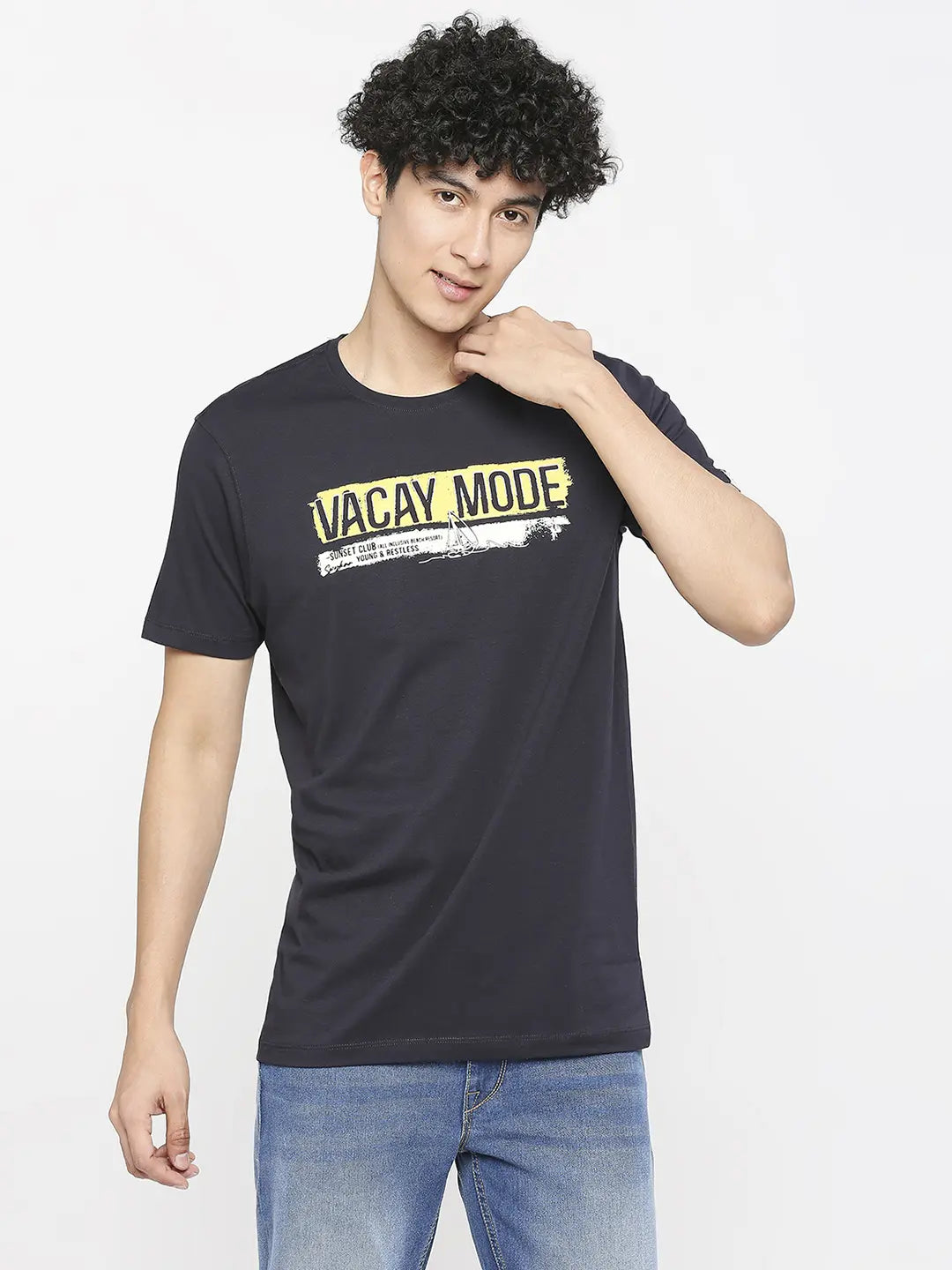 Bargain Alert Spykar Men Navy Blue Cotton Slim Fit Round Neck Printed T-Shirt