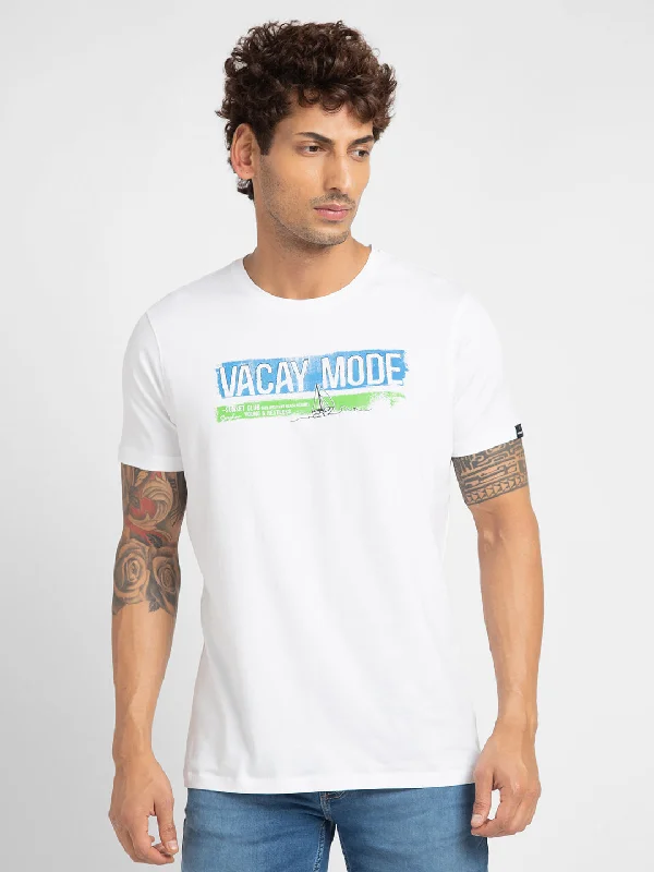 Super Savings Spykar Men White Cotton Slim Fit Printed Round Neck T-Shirt
