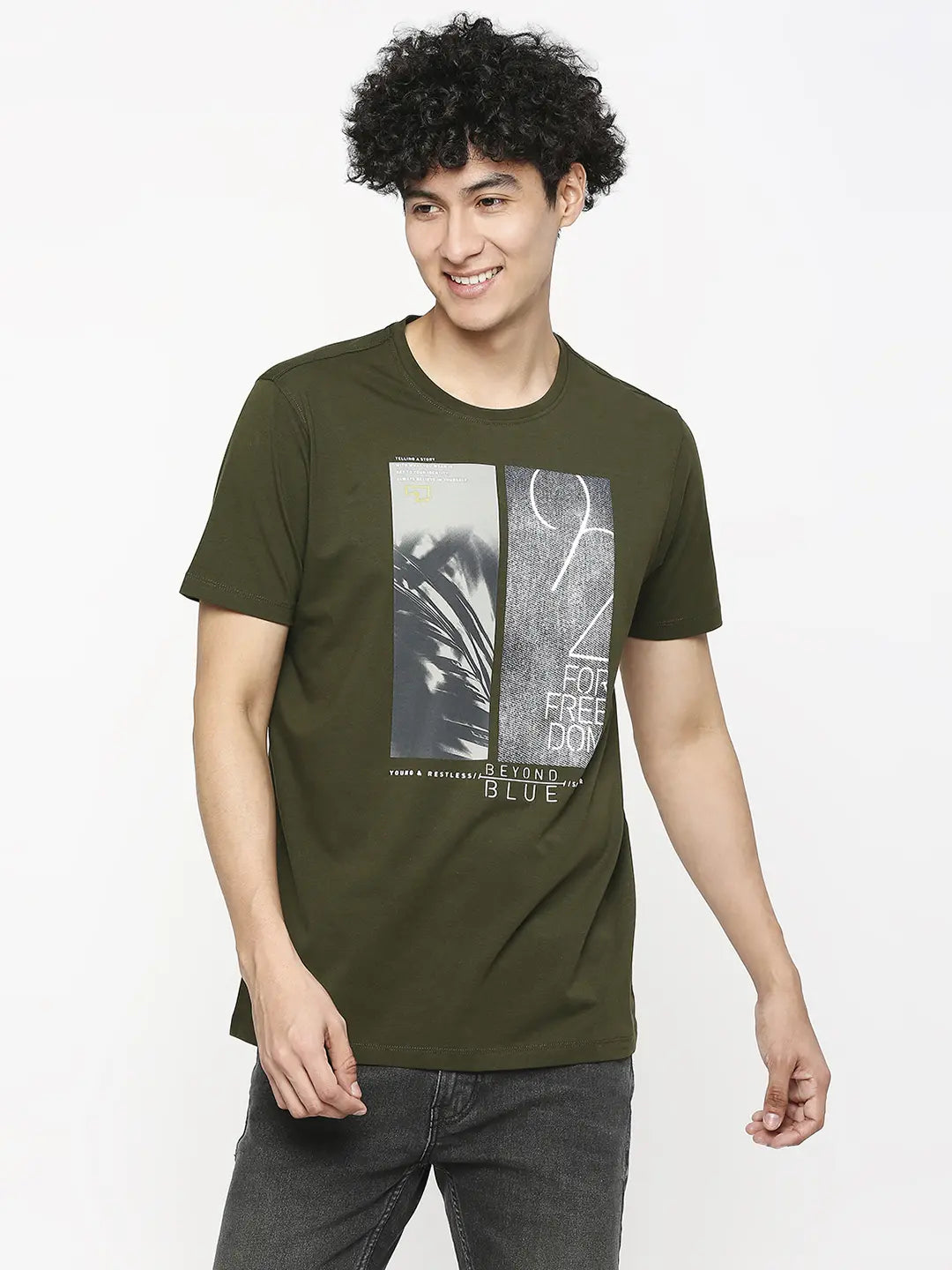 Crazy Savings Spykar Men Rifle Green Cotton Slim Fit Round Neck Printed T-Shirt