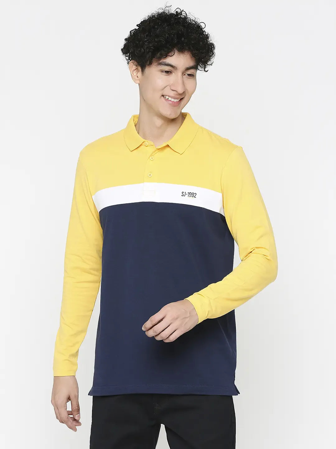 One-Day Only Spykar Chrome Yellow Cotton Full Sleeve Stripes Casual T-Shirt For Men